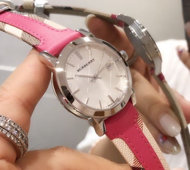 Burberry The City White Dial Haymarket Pink Leather Strap Watch for Women - BU9149